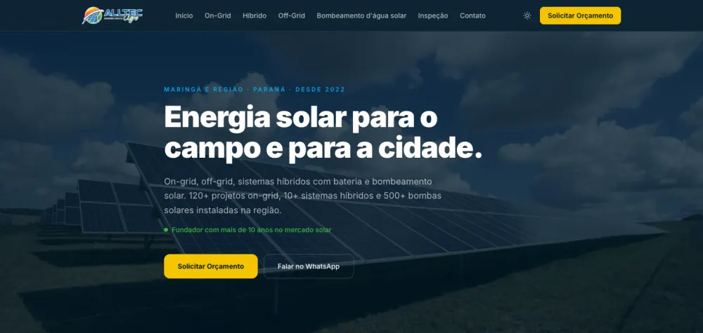 Página inicial do site da Alltec Agro, empresa de energia solar