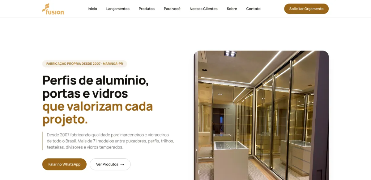 Página inicial do site da Fusion Alumínios, com catálogo de produtos e painel administrativo